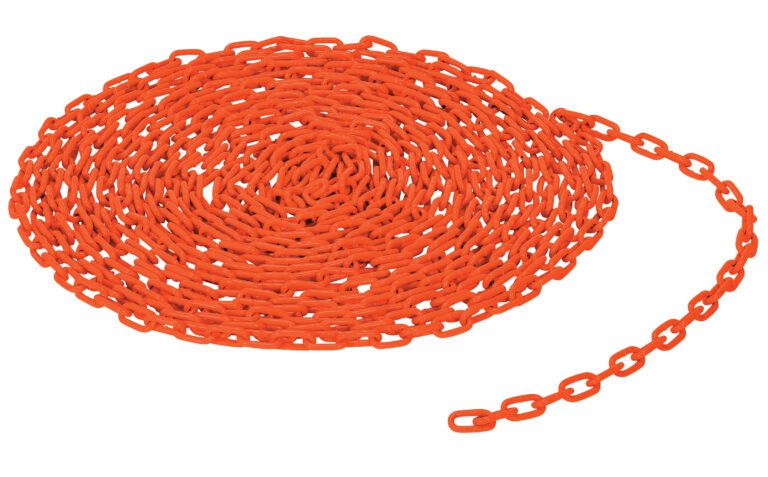 A coiled length of Vestil 3/16 Chain, Per Foot, Orange lies on a white background. The chain consists of interlocking oval links, forming a neat spiral with one end extending outward.