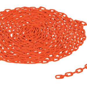 A coiled length of Vestil 3/16 Chain, Per Foot, Orange lies on a white background. The chain consists of interlocking oval links, forming a neat spiral with one end extending outward.