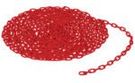 A neatly wound spiral of Vestil 3/16 Chain, Per Foot, Red rests on a white background, with one loose end extending gracefully.
