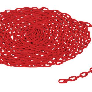 A neatly wound spiral of Vestil 3/16 Chain, Per Foot, Red rests on a white background, with one loose end extending gracefully.