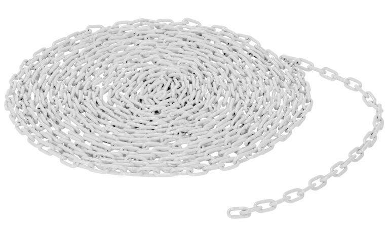 A neatly coiled white Vestil 3/16 chain per foot lies elegantly on a plain background, its links forming a perfect circle with one end gracefully extending outward.