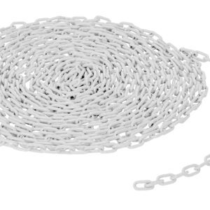A neatly coiled white Vestil 3/16 chain per foot lies elegantly on a plain background, its links forming a perfect circle with one end gracefully extending outward.