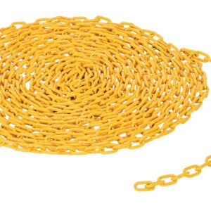 A Vestil 3/16 Chain, Per Foot, Yellow, is elegantly coiled in a spiral on a white background, with its bright yellow links forming graceful curves and one end extending outward.