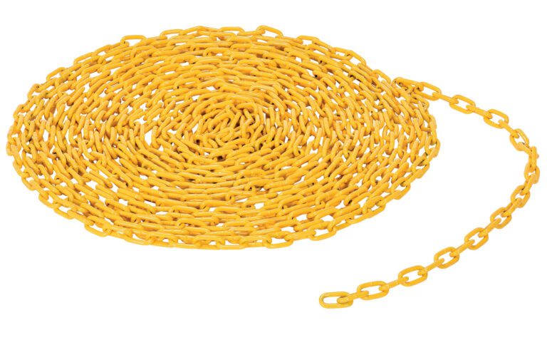 CHAIN-316-PF-YL_A.jpg A Vestil 3/16 Chain, Per Foot, Yellow, is elegantly coiled in a spiral on a white background, with its bright yellow links forming graceful curves and one end extending outward.