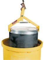 The Vestil Crane/Hoist Drum Lifter 16-20 In Dia skillfully lifts a black drum with a silver lid over a yellow container. The yellow clamp is securely attached to a top hook.