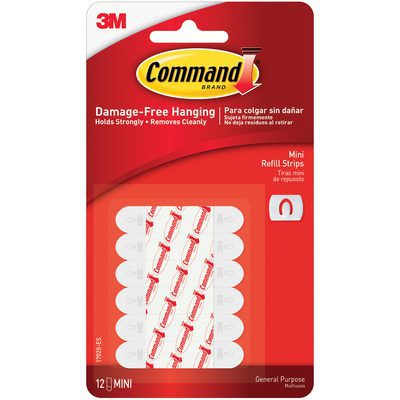 CHS1101.jpg The Command™ Refill Strips - Mini 17020 (6 Sets) package offers a damage-free, convenient hanging solution with red and white packaging, featuring English and Spanish text. It includes 12 total strips organized into 6 sets for your lightweight decor needs.