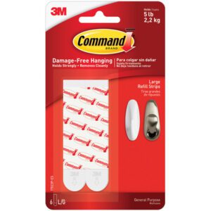 The Command™ Refill Strips - Large 17023P includes two large white hooks and six refill strips for damage-free hanging, supporting up to 5 lbs (2.2 kg). The red packaging displays product details in both English and Spanish.