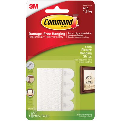 CHS1201.jpg The Command™ Picture Hanging Strips - Small 17202 (9 Sets) packaging states they hold up to 4 lbs (1.8 kg) without causing damage and highlights easy application and removal for a hassle-free experience.