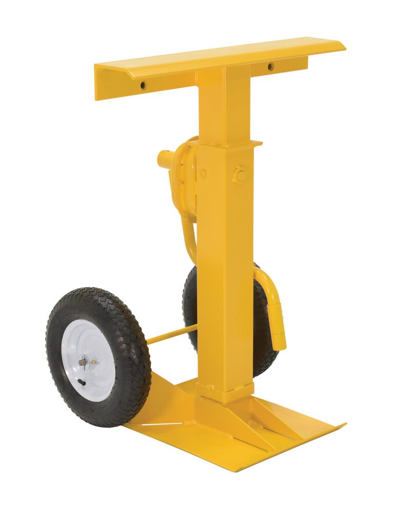 CJ-BEAM-PN_A.jpg The Vestil Stabilizing Jack Pneumatic Wheels 50 K is a yellow industrial support stand with a side crank and flat top. It holds heavy objects and has durable black pneumatic wheels for enhanced mobility.