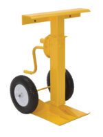 The yellow Vestil Stabilizing Jack Solid Foam Wheels 50K has a rectangular top platform, durable foam wheels, and a hand crank for easy adjustment, designed to support and stabilize trailers or similar equipment with up to a 50K capacity.