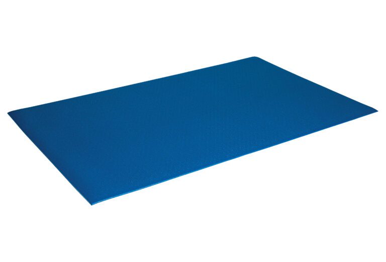 A blue gymnastics mat, similar to the 60-inch Vestil Comfort King Ergo Matting, is displayed on a white background. It appears cushioned, ideal for fitness or exercise activities.