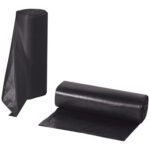 Two rolls of MH-USA High Density Trash Liners - Black, 40-45 gallon, .67 mil, are shown on a white background. One roll stands upright with plastic draped to the side; the other lies flat. Each case has 150 liners.
