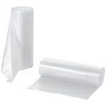Two rolls of MH-USA High Density Trash Liners are set against a white backdrop; one is upright with a partially unrolled bag and the other lies flat, showcasing their shiny, durable texture for holding 40-45 gallons at a .55 mil thickness.