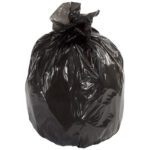 A large black plastic bag, akin to the durable Second Chance Trash Liners - Black, 6 Bushel, 1.1 Mil., Flat Pack (100/Case), is tied at the top and filled with unknown items. It stands upright on a plain white background, suggesting durability and mystery.