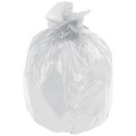 A tightly tied Second Chance Trash Liner, 33-gallon, 1.1 mil. thick, sits filled and sleek against a white background, highlighting its coreless design.