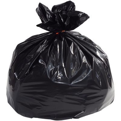 CL7002.jpg A large, shiny black garbage bag filled to capacity and tied at the top resembles the MH-USA Contractors Bag. Its crumpled yet robust texture suggests a 3.0 Mil thickness suitable for 33-gallon capacity, ideal for heavy-duty use.