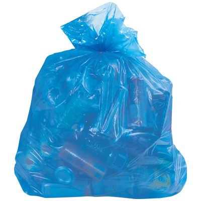 CL8006.jpg The MH-USA Blue Recycling Trash Liner - 33 Gallon, 1.5 Mil (100/Case) efficiently holds plastic containers and bottles with its eco-friendly transparent design.