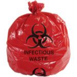 The MH-USA Infectious Waste Trash Liner is a red 1.1 mil thick bag labeled Infectious Waste, featuring a biohazard symbol. Designed for safe containment of hazardous materials, it comes in 40-45 gallon capacity with 100 bags per case.