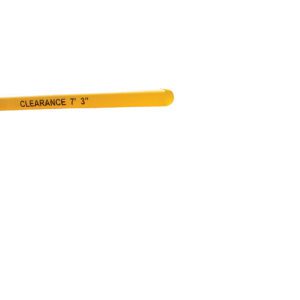 A yellow Vestil Customizable Clearance Bar spans a white background, displaying CLEARANCE 7 3 in bold black letters.