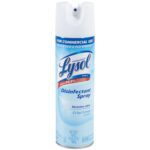 The Lysol® Crisp Linen Scent Disinfectant Spray, a 19 oz. spray can with a blue and white design, is labeled to kill 99.9% of viruses and bacteria. Designed for commercial use, its sold in cases of 12, ensuring efficient space sanitization.