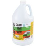 A 1-gallon bottle of CLR® Calcium, Lime and Rust Remover (4/Case) with a white cap features a mainly white label accented by black, red, yellow, and green text detailing usage instructions and safety warnings.