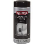 The Weiman® Stainless Steel Cleaner Wipes, 30 Count (4/Case), in a stylish black and silver package featuring a stainless steel fridge image, clean, polish, and resist fingerprints for an immaculate shine.