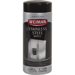 The Weiman® Stainless Steel Cleaner Wipes, 30 Count (4/Case), in a stylish black and silver package featuring a stainless steel fridge image, clean, polish, and resist fingerprints for an immaculate shine.