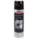 The 17 oz. Weiman® Stainless Steel Cleaner and Polish comes in a black and silver can with white text, featuring a refrigerator image. It ensures a streak-free shine and resists fingerprints, combining elegance and practicality.