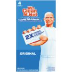 Box of Mr. Clean Magic Eraser, 4 pack with a smiling bald man graphic, showcasing Magic Eraser and Original. Available for bulk purchase as Mr. Clean Magic Eraser - 24 PER CASE for convenience.