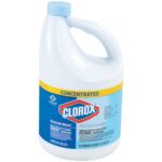 A 121 oz. jug of Clorox® Concentrated Bleach (3/Case) features a blue handle and cap, displaying the Clorox logo and germicidal bleach label with a corrosion warning in English and Spanish.