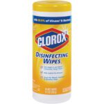 The Clorox® Disinfecting Wipes - Lemon Scent container has a yellow label and contains 35 wipes, with each case holding 12 containers. They effectively kill 99.9% of viruses and bacteria, including cold and flu strains, totaling 9.1 oz (258g).