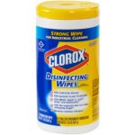 Clorox® Disinfecting Wipes - Lemon Scent, 75 count per cylinder (6/Case), featuring a yellow lid, highlight bacteria and virus elimination while removing allergens. Marketed as powerful wipes for industrial cleaning.