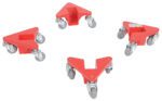 Four Vestil Corner Mover Dolly Alum skates, designed for narrow slots with durable metal structure and swivel caster wheels, support up to 200 pounds each. They are displayed in a triangular arrangement on a white background.