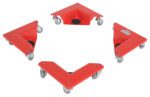 Four red triangular Vestil Corner Mover Dollies, each equipped with swivel caster wheels and black non-slip pads, form a circle on a white background. These steel movers efficiently transport heavy items up to 300 lbs.