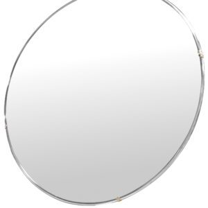 A round wall mirror, echoing the sleek design of the Vestil Convex Mirror Indoor 12 Ft Distance with its thin metallic frame, is slightly tilted against a plain white background.