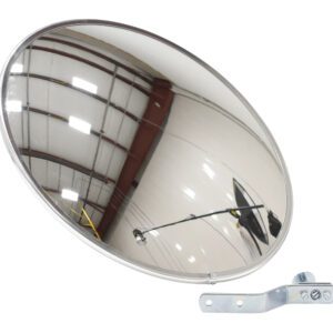 The Vestil Convex Mirror Indoor 20 Ft Distance is designed for indoor use, reflecting a warehouse ceiling, lights, and a pole from distances up to 20 ft. It attaches securely with screws to a durable metal bracket against a plain white background.