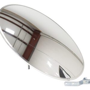 Image of a Vestil Convex Mirror Indoor 26 Ft Distance on a metal bracket, reflecting building interiors with partial views of windows, walls, and ceiling lights for monitoring.