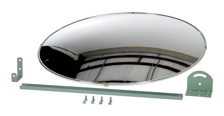 A large Vestil Convex Mirror Indoor 30 Ft Distance with silver brackets and screws, displays a curved ceiling reflection, ideal for indoor use up to 30 ft. The sleek frame complements the hardware perfectly.