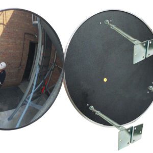 A Vestil Convex Mirror Outdoor 36 Ft Distance on the left shows someone in a white hat with a large box near a brick wall, effectively monitoring the area. On the right, the mirrors back and included mounting brackets and hardware are visible against a plain background.