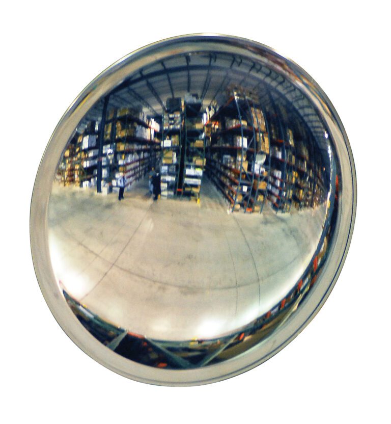 A Vestil Convex Mirror Indoor (16-20 Ft, 4 In Deep) reflects a warehouse interior with stocked shelves and two distant figures, highlighting its surveillance purpose and enhancing safety.