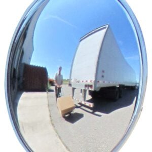 In a clear blue sky reflection, a fisheye scene shows a man moving a cardboard box on a dolly by a large truck. This is perfectly captured by the Vestil Convex Mirror Indoor 25-30 Ft 5 In Deep, providing excellent visibility.