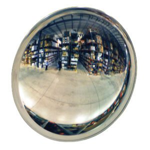 The Vestil Convex Mirror Indoor 35-40 Ft Deep brilliantly captures the busy warehouse, reflecting shelves of boxes and people navigating the aisles, offering a wide view.