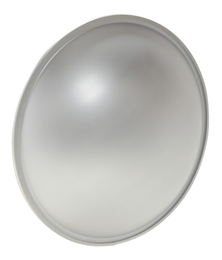 A round, domed ceiling light with a frosted glass cover looks similar to the Vestil Convex Mirror Outdoor 25-30 Ft 5 In Deep. The lights surface is smooth and slightly reflective against a plain white background.