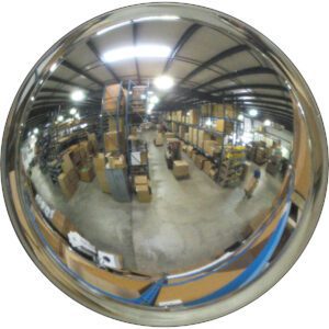 A fisheye view of a warehouse enhanced by a Vestil Convex Mirror Outdoor 35-40 Ft 7 In Deep captures rows of shelves brimming with boxes, revealing the ceiling, floor, and storage areas in one wide-angle sweep.