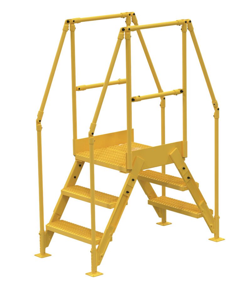 COL-3-26-14_A.jpg The Vestil Cross-Over Ladder 3 Step 28 H 14 W In is a durable yellow metal platform with three steps per side, measuring 28 inches high and 14 inches wide. Equipped with safety railings, it is designed for industrial or construction use.