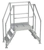 The Vestil Galvanized Cross-Over Ladder 66.5x72.15 In 3 Step is a metal platform ladder with handrails, a nonslip surface, and sturdy construction for safe access or crossing in industrial or commercial settings.