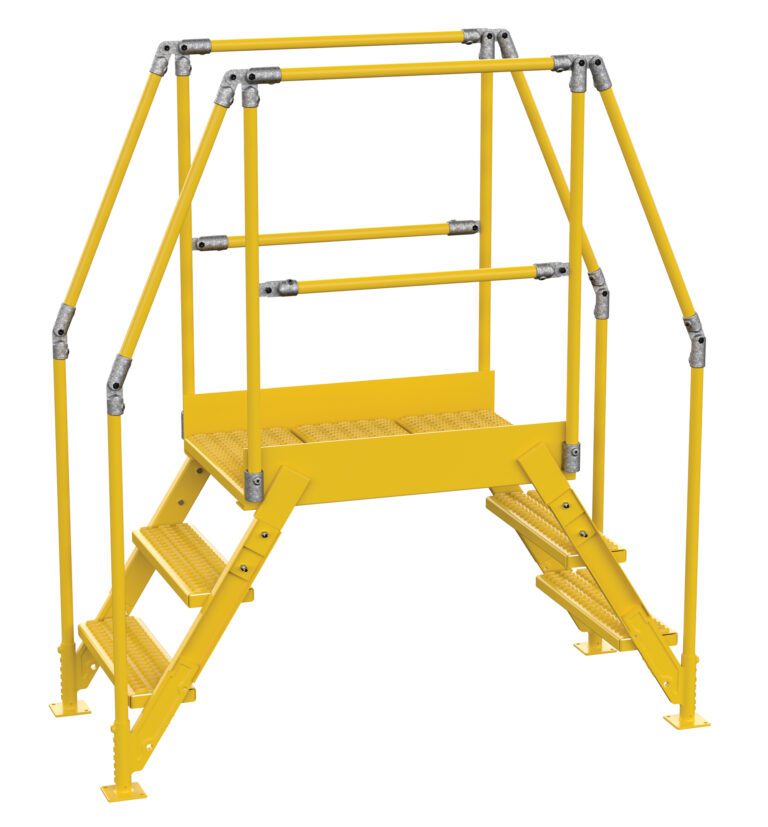 COL-3-26-23_A.jpg The Vestil Cross-Over Ladder 3 Step offers a yellow industrial metal platform with stairs on both sides and railings. It features non-slip tread surfaces, stands 28 inches high, and is 26 inches wide, providing freestanding access or enhanced safety in work settings.