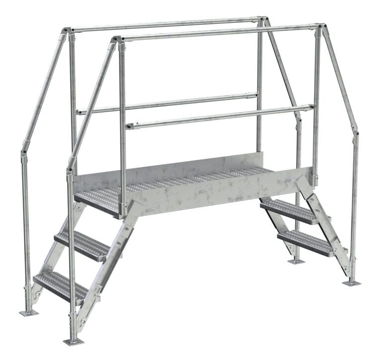 COL-3-26-44-HDG_A.jpg The Vestil Galvanized Cross-Over Ladder, 90.5X72.15 inches, features handrails on both sides and steps that lead to a grated platform. This fully metallic, industrial ladder includes safety handrails and non-slip treads.