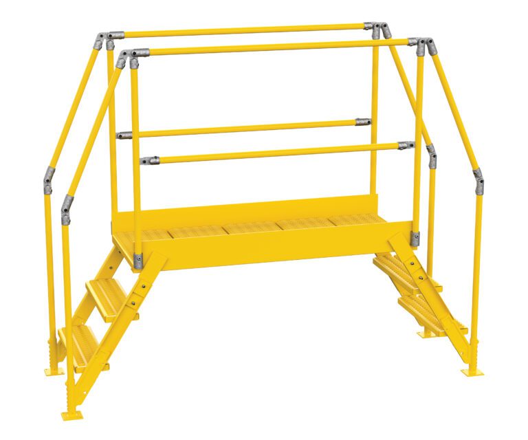 COL-3-26-44_A.jpg The Vestil Cross-Over Ladder 3 Step 28 H 50 W In features a bright yellow metal safety platform with railings and dual steps, designed for industrial use, providing sturdy handrails and a grated walking surface for stability.