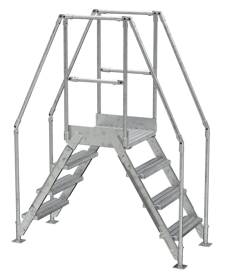 COL-4-36-14-HDG_A.jpg The Vestil Galvanized Cross-Over Ladder, measuring 67x82.15 inches, includes a mid-platform and safety railings on each side. It features four steps and is built for industrial use to ensure stability and security.